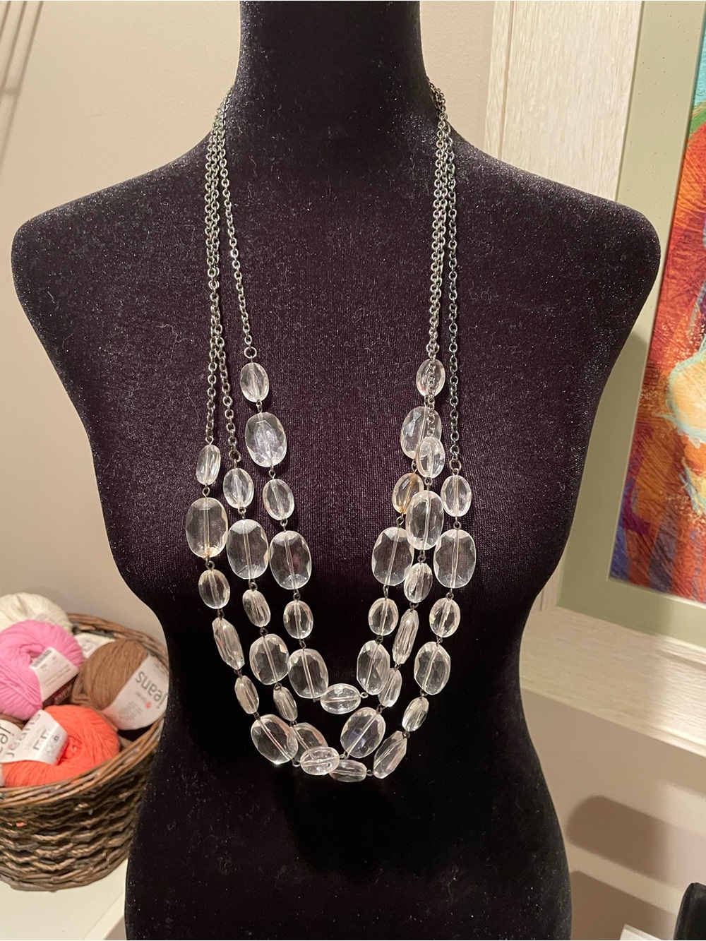Layered Clear Bead Necklace with Gunmetal Chains